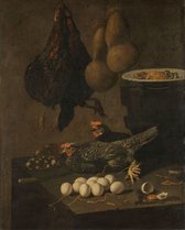 Stilleven met kippen en eieren, Giovanni Battista Recco, 1640 - 1660 op aluminium dibond