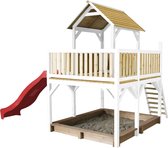 AXI Atka Speeltoestel in Bruin/Wit - Speeltoren met Verdieping, Zandbak en Rode Glijbaan - FSC hout - Speelhuisje op palen met veranda voor kinderen - Speeltoestel voor de tuin / buiten