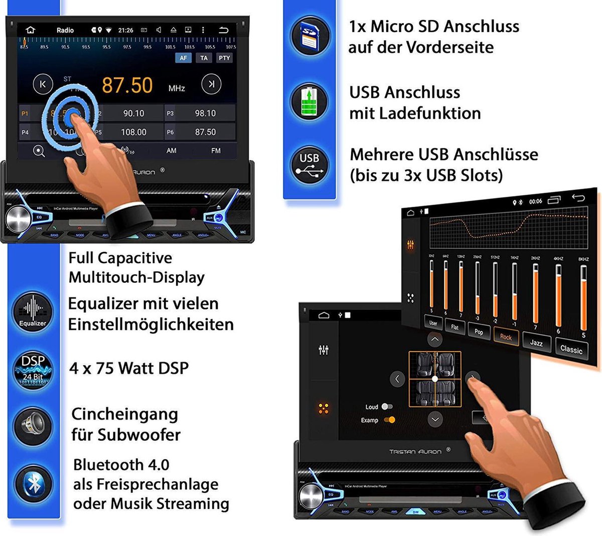 1Din GPS navigatie met Android 10,Tristan Auron BT1D7022A | bol.com