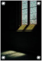 Tuinposter –Licht door Glas in Lood Raam– 60x90cm Foto op Tuinposter (wanddecoratie voor buiten en binnen)