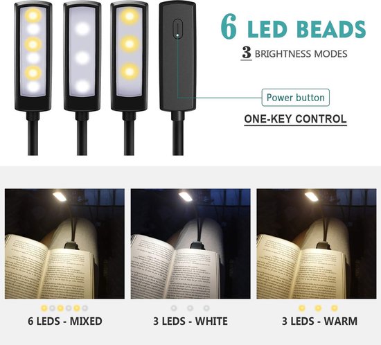 Lampe de lecture OMERIL, lampe livre, avec 6 LED, 4 luminosités
