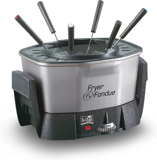 Zilverkleurige Fritel Fryer Fondue friteuse met zes fonduvorkjes erin. Zwarte basis met temperatuurregelaar.