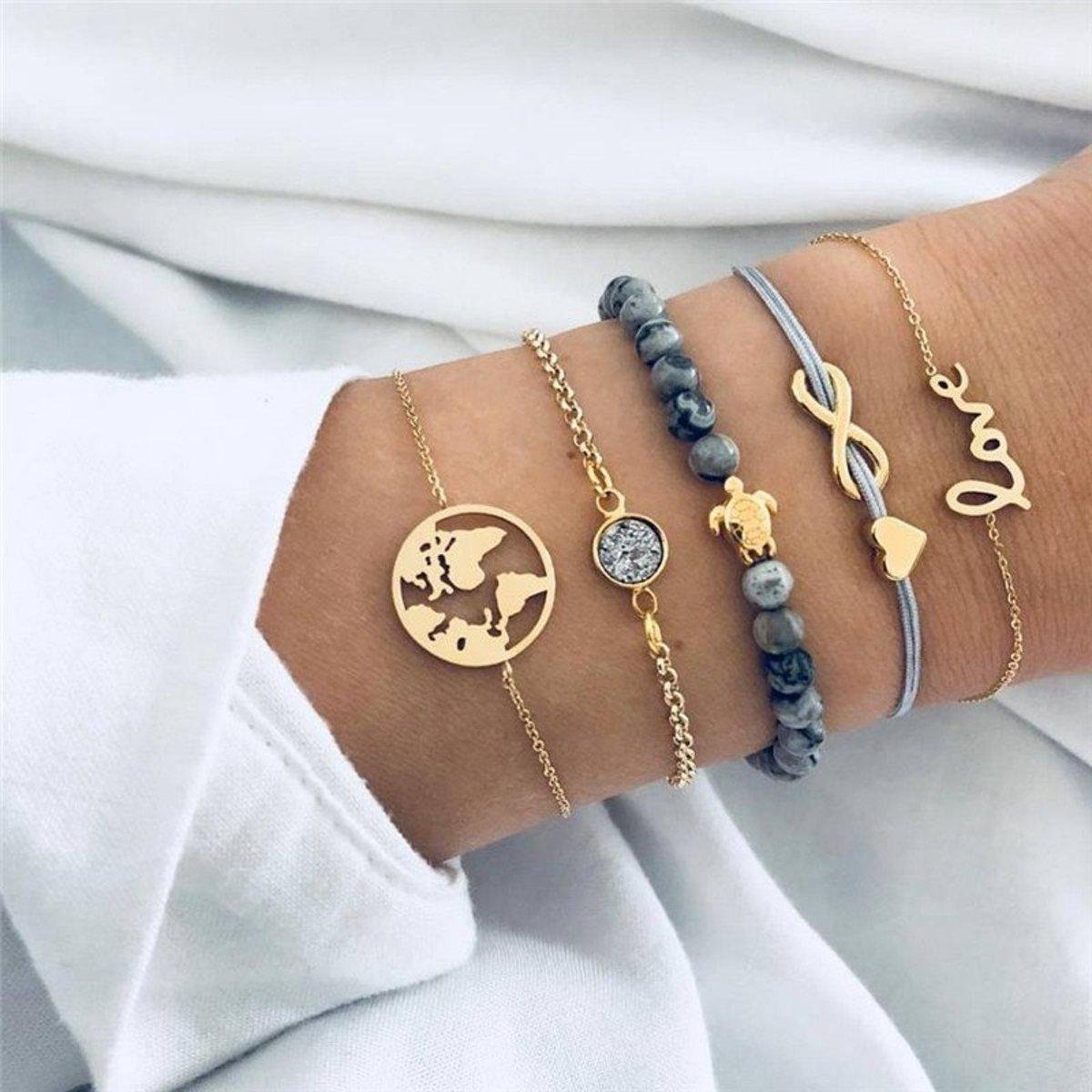 Mooie bohemian armbanden infinity love hartje diamant wereldbol en schildpad 5 delig - Dames - Goudkleurig