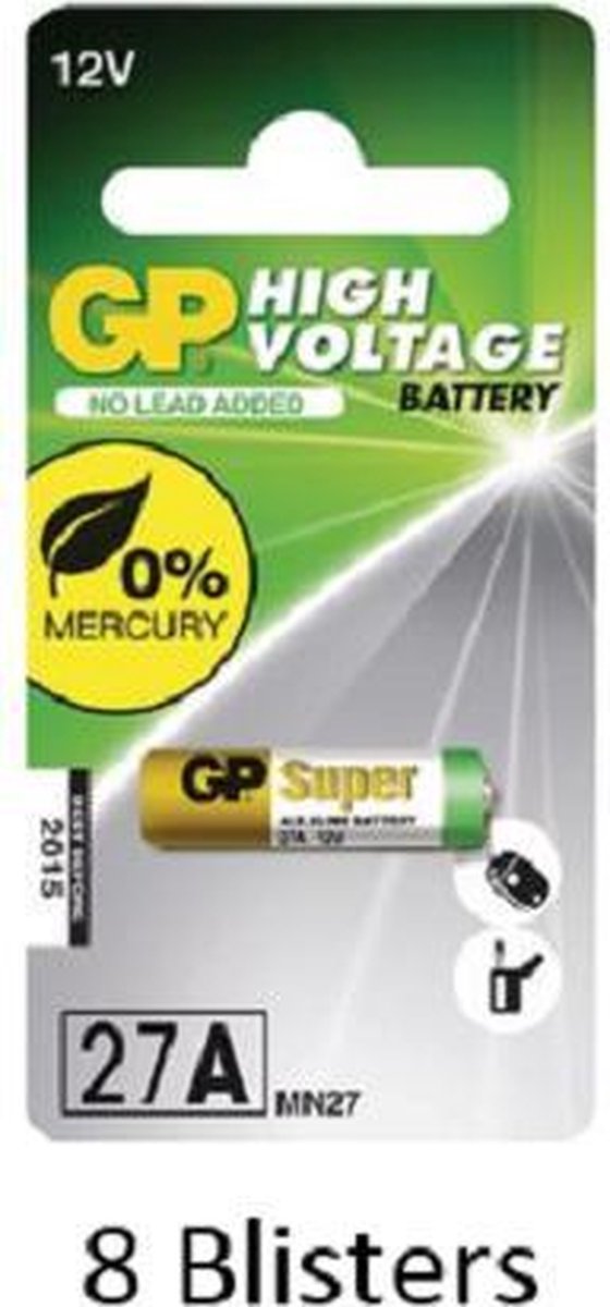 8 stuks (8 blisters a 1 stuks) GP Batteries High Voltage 27A Single-use Alkaline 12V