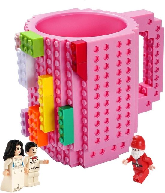 Build on Brick Mug - roze - 350 ml - bouw je eigen mok met bouwsteentjes - BPA vrije drinkbeker cadeau voor kinderen of volwassenen - koffie thee limonade of andere dranken - pennenbeker - creatief accessoire voor op bureau -HnD