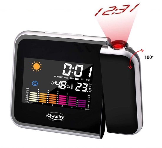 Digitale Projectiewekker – Wekker met Projectie Klok – Display Toont Tijd, Temperatuur en Luchtvochtigheid – Incl. USB-kabel en Adapter - Zwart - Qwality