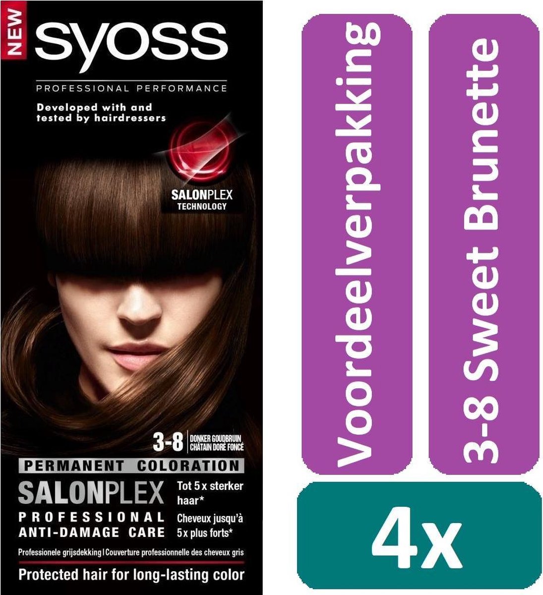 Syoss - Salonplex Permanent Coloration - Haarverf -  3-8 Donker Goudbruin - 4 stuks - Voordeelverpakking