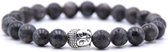 Mala Armband Van Larvikiet Natuursteen - Donkere Stenen Grijs / Zwart – Buddha / Boedha – 20 cm - Rhylane®