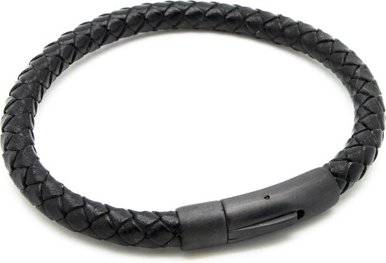 Armband - zwart - rond gevlochten leer - donkerkleurige sluiting - 21 cm - leder -... bol.com