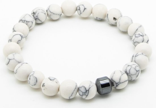 Bracelet homme - perles - cordon unique - marbre blanc avec 1 pierre en  acier
