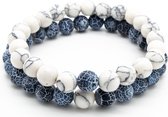 Armband heren – kralen – dubbel snoer – wit en blauw marmer - Sorprese - natuursteen – rond - elastisch – 20 cm - model F - Cadeau