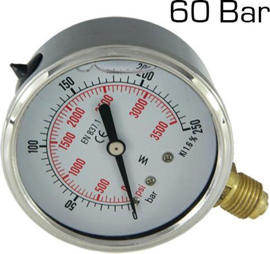 Manometer 0 60 Bar RVS glycerine gevuld onderaansluiting 1/4 inch bol