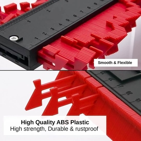 Close-up van de rode contourmal met zwarte schaal. Teksten: 'Smooth & Flexible' en 'High Quality ABS Plastic, High strength, Durable & rustproof'.