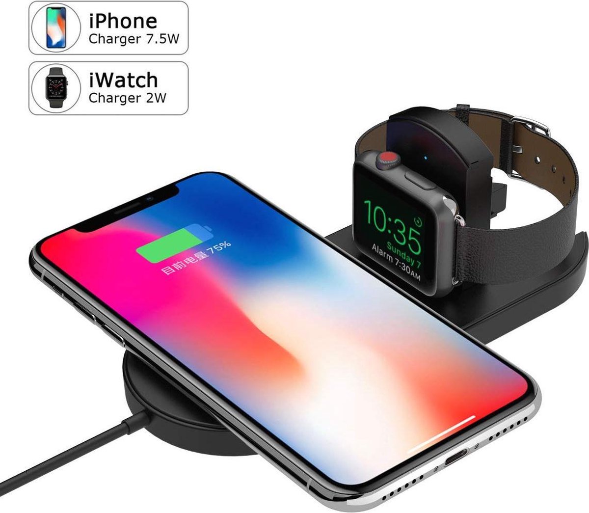 BrightNerd - Wireless Dock - Bureau lader - iPhone + Apple Watch Oplader - Geschikt voor Apple Watch 1 t/m 5 - iPhone 8 / X / XR / XS iPhone 11 / 11 Pro / Max / Samsung S10 / S9 - Docking Station Qi - BrightNerd