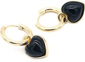 Oorringen - Hart met Edelsteen - Ø Ring 15 mm - Hanger Zwarte Onyx 10 mm - Goudkleurig - Dielay