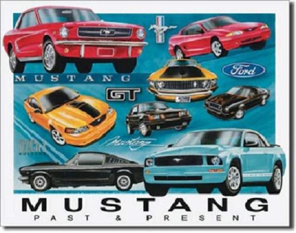 Ford Mustang Past & Present. Metalen wandbord 31,5 x 40,5 cm.