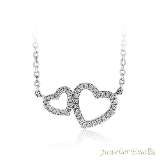 Juwelier Emo - Collier pendentif double coeur avec zircones - Collier en argent Collier pendentif - 45 CM