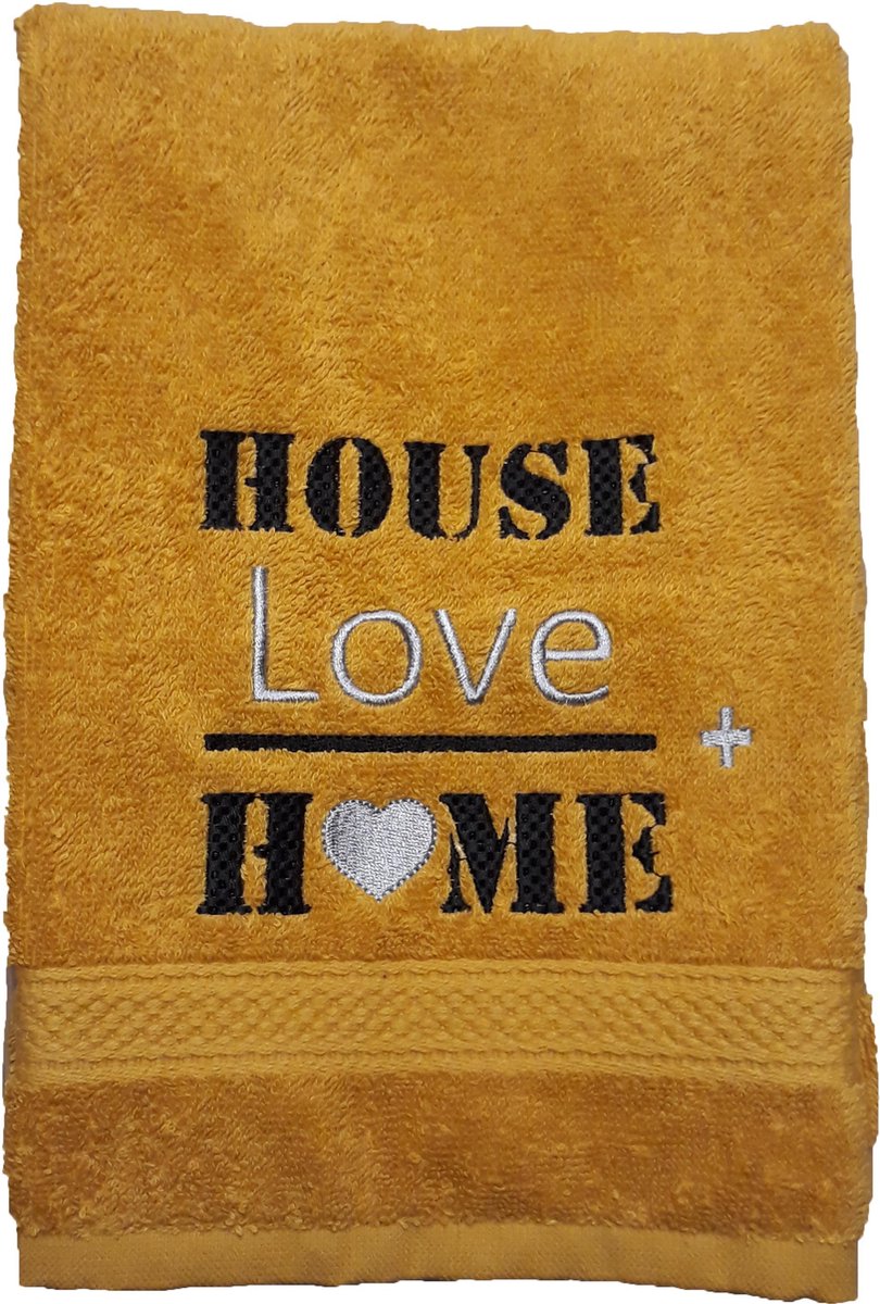 Gastendoekje Oker geel house love home geborduurd zwart met grijs