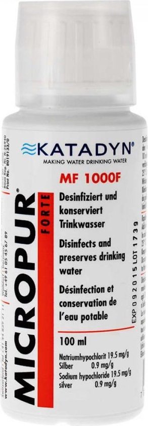 Katadyn Micropur Forte MF 1000F flesje met witte dop en label met rode en blauwe tekst. Bevat 100ml.