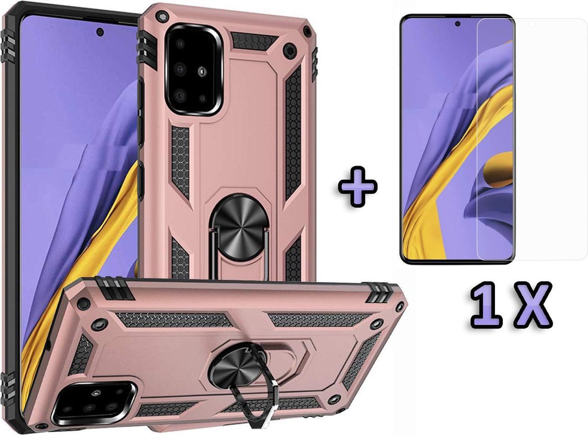 Samsung Galaxy A51 Hoesje - Anti-Shock Hybrid Armor met Kickstand Ring & Tempered Glass - Rose