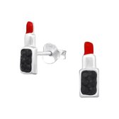 Joy|S - Zilveren lipstick oorbellen rood zwart kristal 4 x 11 mm lippenstift