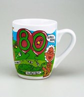 Verjaardag - Cartoon Mok - Hoera 80 jaar - Gevuld met een toffeemix - In cadeauverpakking met gekleurd lint
