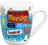 Mok - Cartoon Mok - Voor de aller- allerbeste Meester - Gevuld met een snoepmix - In cadeauverpakking met gekleurd krullint