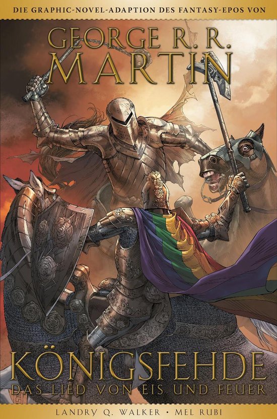 Cover van een graphic novel met ridders in harnas, een met een regenboogkleurige cape, en paarden. "George R.R. Martin" en "Königsfehde" staan bovenaan.