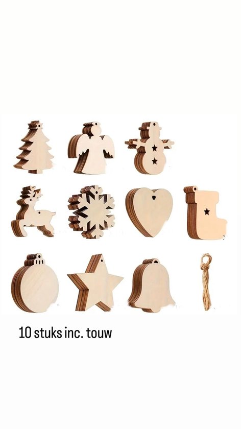 Tien houten kerstornamenten: kerstboom, engel, sneeuwpop, rendier, sneeuwvlok, hart, laars, bal, ster en bel, met touw.