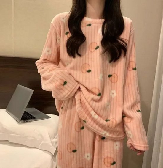 Dames Fleece Pyjama Set 2 Stuks - Warme Lange Mouwen & Elastische Taillebroek met Schattig Perzikkopprint - One Size - Comfortabele Pyjama voor Winter