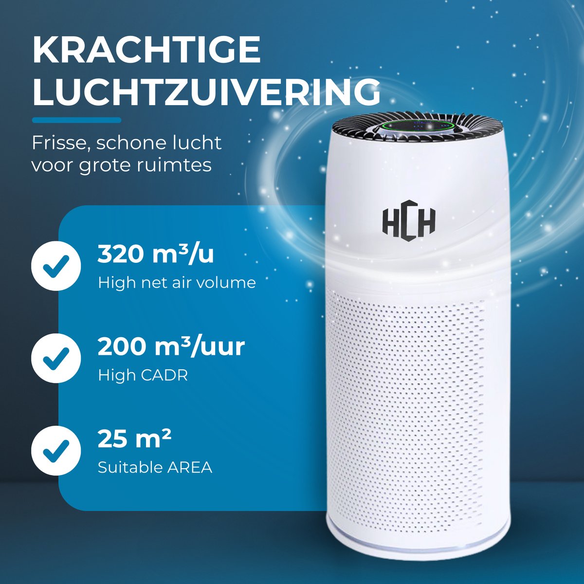 HCH Luchtreiniger - Air Balance - Air Purifier - HEPA filter - Werkt tegen huisstofmijt, hooikoorts, allergie en stof - 3 standen + slaapstand en automatische stand - Luchtkwaliteit indicator - 500 m² - CADR 300 m³/h - Stil, 20 db — afbeelding 5