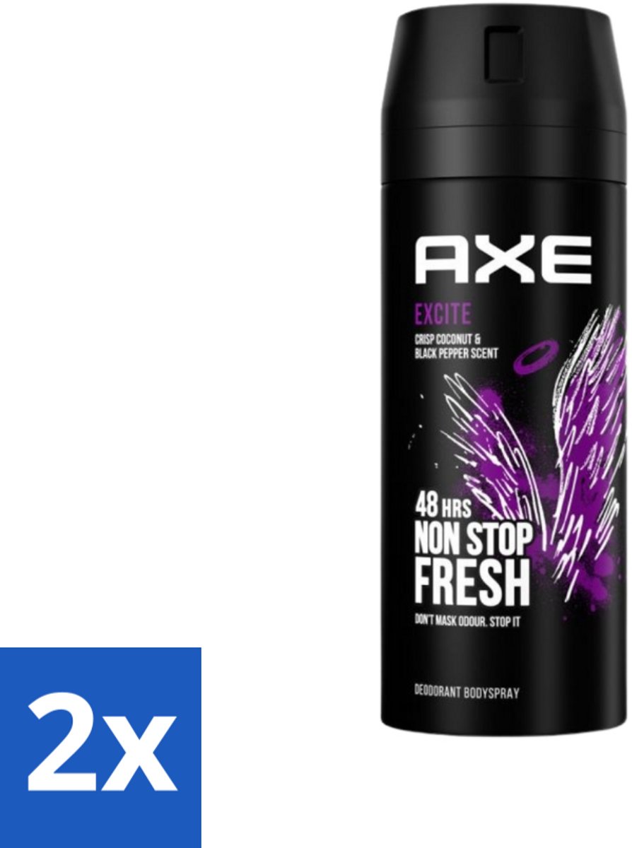 2 x Axe - Deodorant Bodyspray - 48hrs Fresh - Excite - Crisp Coconut & Black Pepper - 150 ml - Deodorant - Deodorant Spray - Axe Excite - Kokosnoot - Zwarte Peper