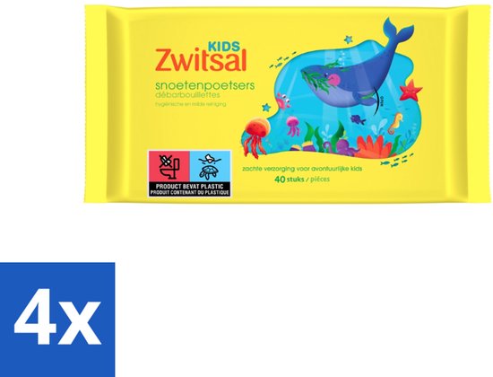 Gele verpakking met 'Zwitsal KIDS snoetenpoetsers' en een illustratie van een walvis, zeepaardje, kwallen en vissen.