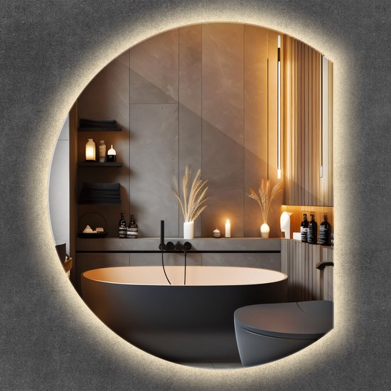 Wallfluent LED Spiegel - Ronde Bijgesneden Spiegel LED Zonder Rand - 84 cm x 100 cm - Grote Wanddecoratie Spiegel - Badkamerspiegel – Eetkamerspiegel – Keukenspiegel – Kantoorspiegel - Warm Wit 3000K - Make-up Verlichte Spiegel - Minimalistisch