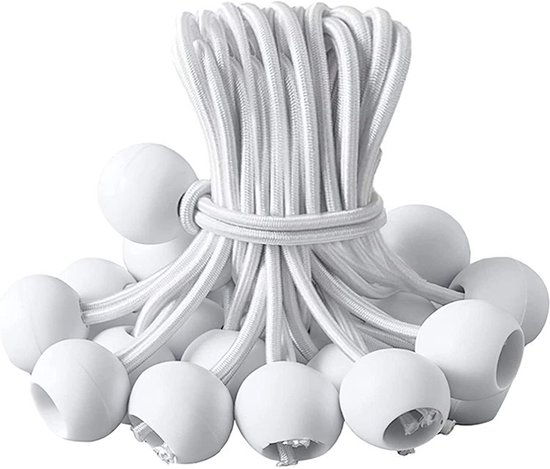 Spanelastiek - 50 Stuks - Elastiek koord - Latex kern en polypropyleen - Tentspanner - Met Bal - Spanrubbers - Tentelastiek - Elastiek Trampoline - Bungee Ballen met Koorden - Geschikt voor kamperen, vlaggen-en zeildoekbevestiging - 150mm - Wit