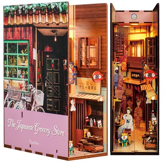 Boekensteun met de titel 'The Japanese Grocery Store', toonend een Japanse straat scéne.