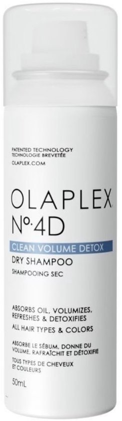 Een witte OLAPLEX No.4D Clean Volume Detox Dry Shampoo spuitbus van 50 ml.