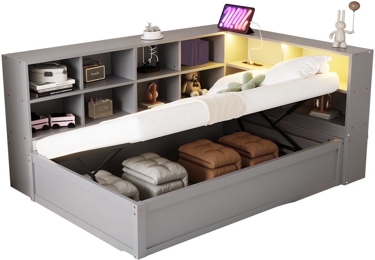 Merax Slaapbank 90×200 cm – Houten Multifunctioneel Bed met Hydraulische Opbergruimte – LED Verlichting – Meerdere Opbergvakken – Stopcontact met USB – Grijs – Zonder Matras