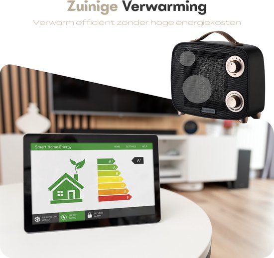 Zwarte keramische kachel naast een tablet die een energie-efficiëntieschaal toont, van A++ tot F. Tekst: 'Zuinige Verwarming'.