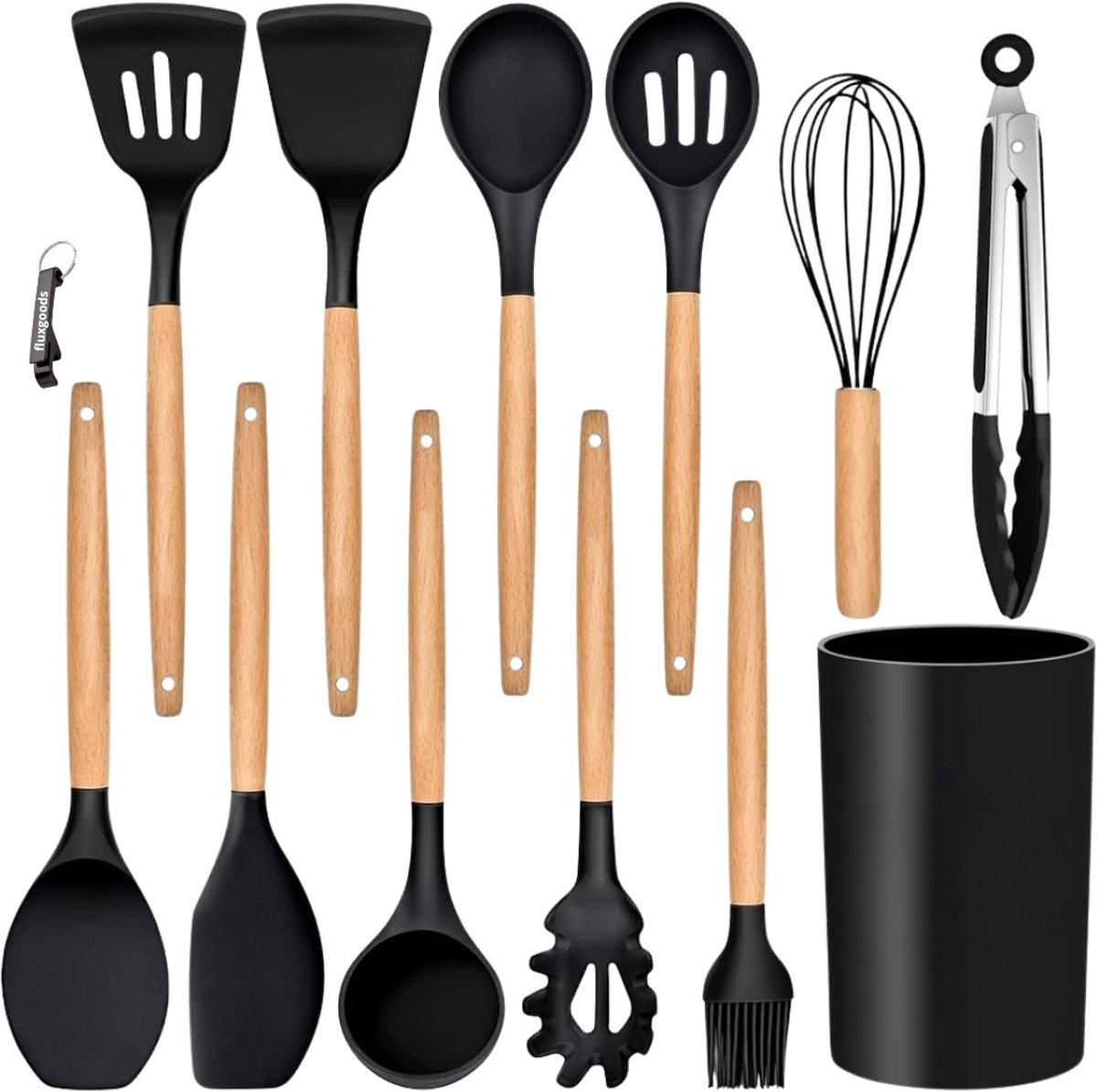 12-delige Non-Stick Siliconen Keukengerei Set met Houten Handvatten | Hittebestendig Kookgerei met Opbergkoker | Krasvrij, BPA-vrij, Anti-aanbak & Makkelijk Schoon te Maken - Zwart
