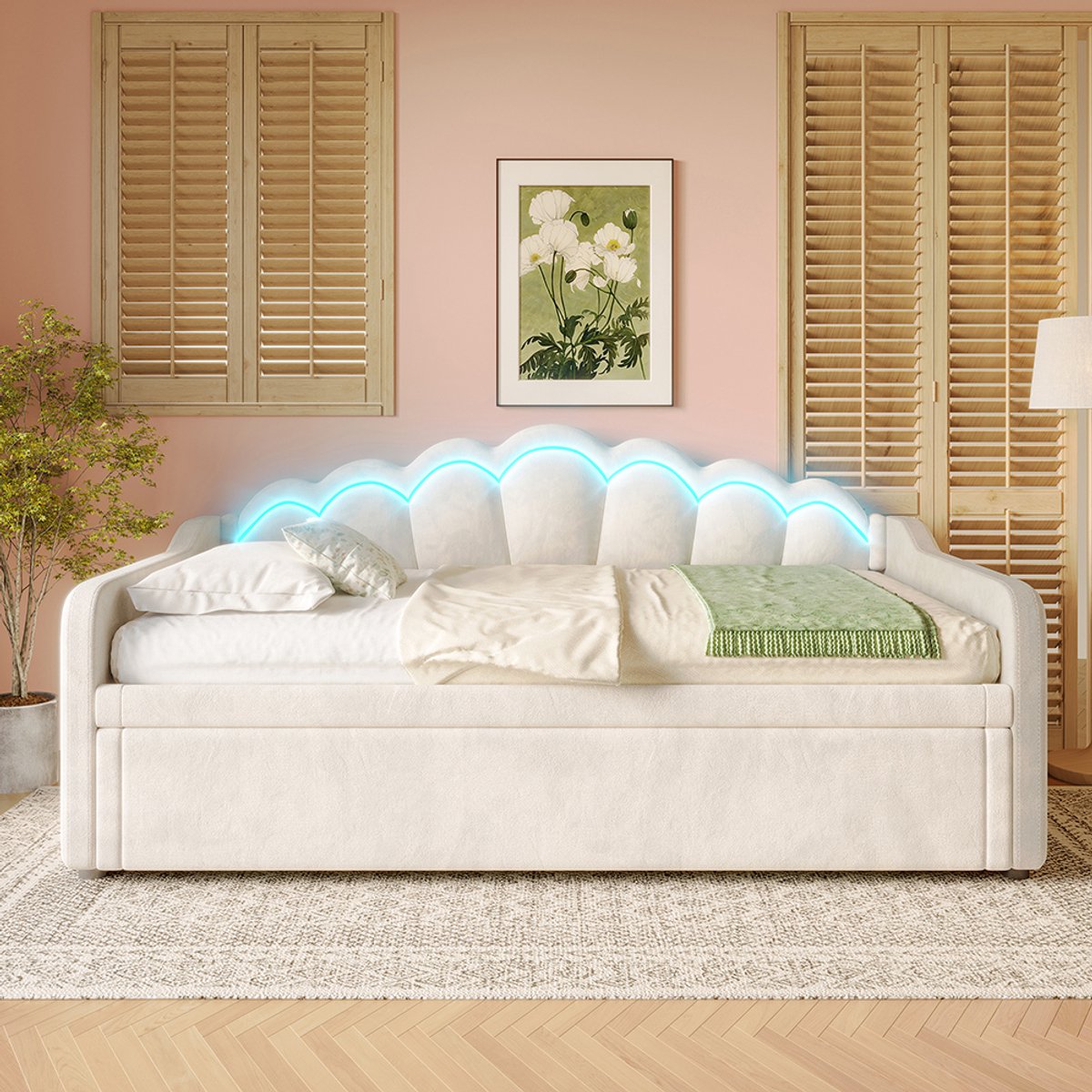 KOMHTOM BLACKCOLORS Dagbed met uitschuifbed, slaapbank, eenpersoonsbed (zonder matras), tweepersoonsbed, fluweel, LED-strip met wisselende kleuren, 90x200cm(180x200cm), beige