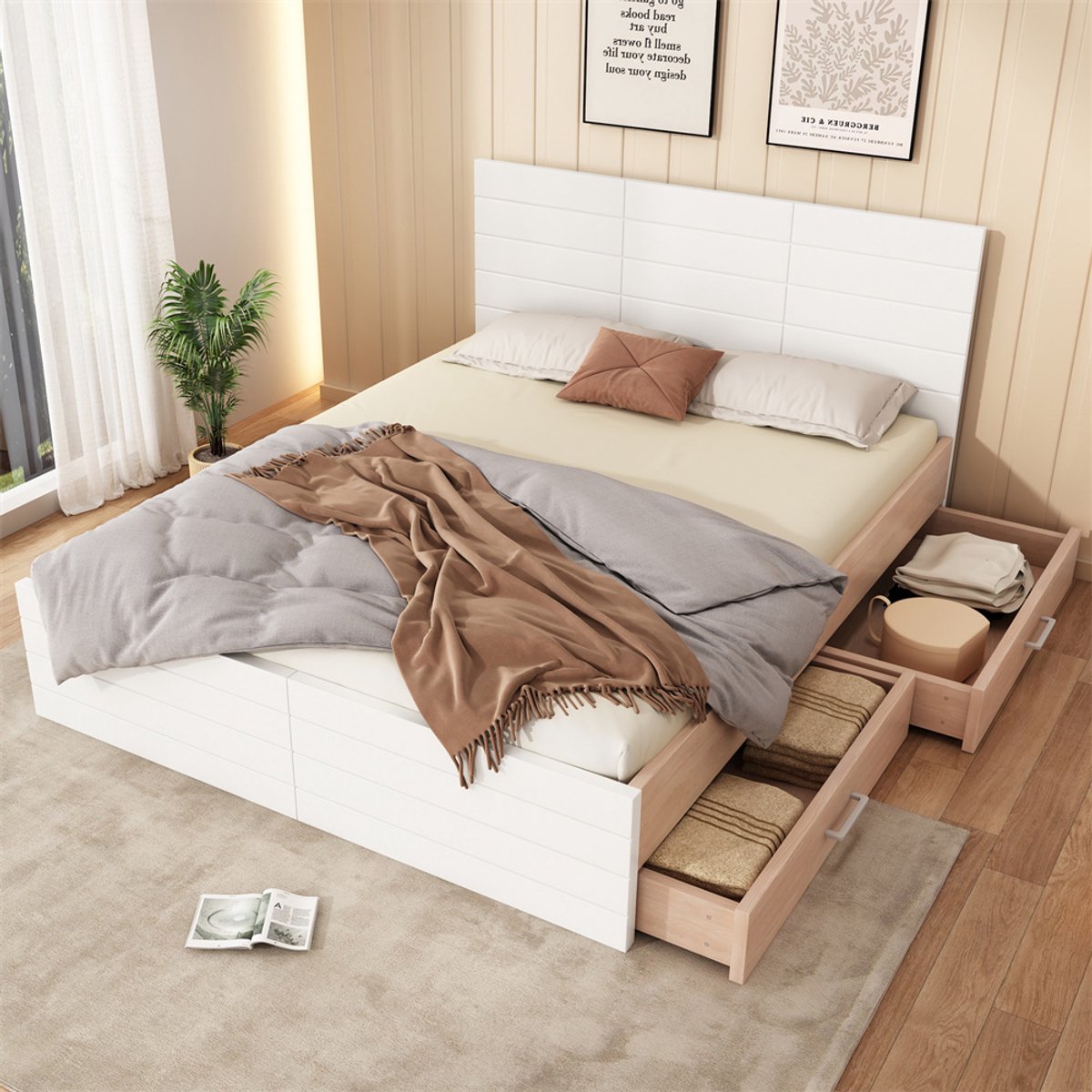 YEHTOKHOME Tweepersoonsbed Houten bed 140x200 cm met 2 lades, bedframe met opbergruimte - lattenbodem - eiken/wit - zonder matras