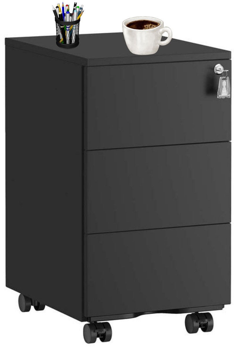 Signature Home Ladeblok - Ladeblok Bureau - rolcontainer Met Slot - mobiele archiefkast - metalen kast - afsluitbaar - matzwart - 40 x 30 x 54 cm