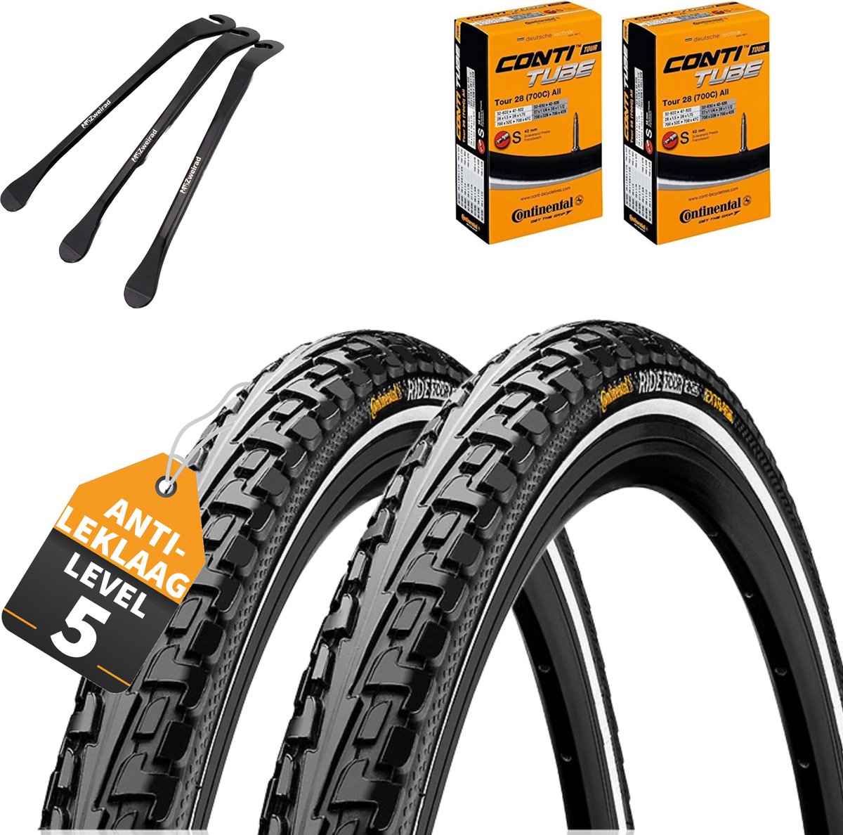2x Continental buitenband Ride Tour Zwart Reflex 28 x 1,60 (42-622) + SV Frans Presta ventiel binnenband + 3x MSZweirad bandenlichters