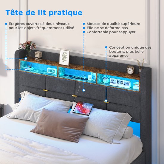 Tête de lit rembourrée gris foncé avec rangement, éclairage LED bleu et prises électriques.
