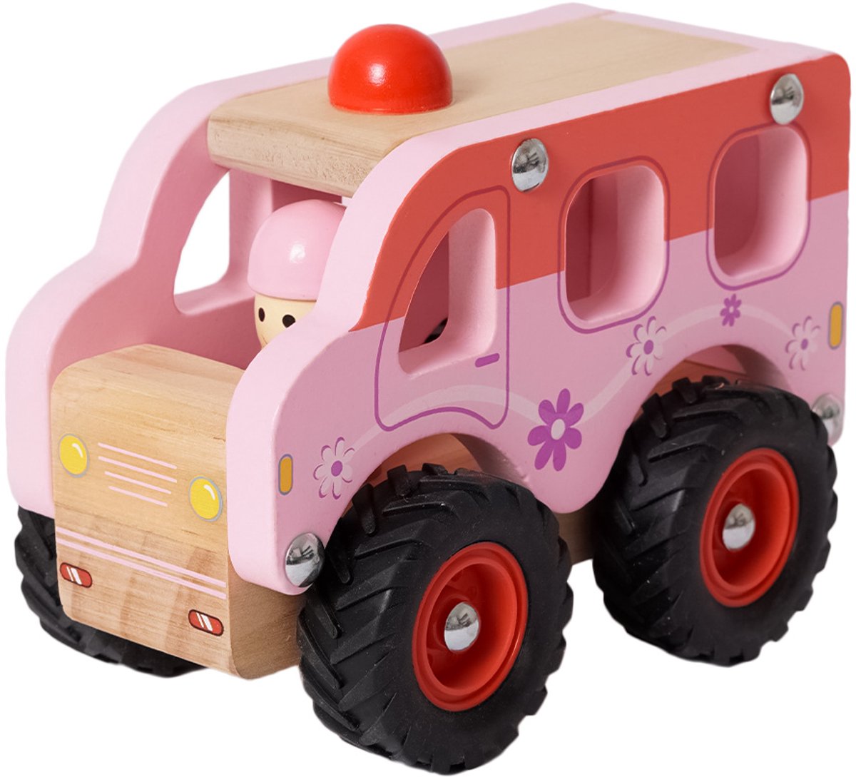 Speelgoedtopdeals - Houten Roze wagen - Speelgoedauto voor kinderen - Rubberen wielen