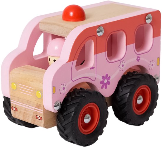 Speelgoedtopdeals Roze speelgoedauto - Houten wagen voor kinderen - 18+ maanden