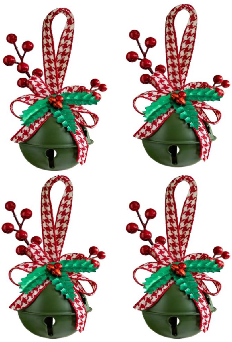 Kerstbelaccessoires met strik en windgonghanger, feestdecoraties in rood en goud (4 stuks)