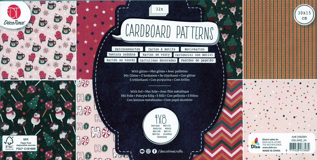 DecoTime Design Blok Papierblok 30 x 15 cm Kerstmis 32 Vellen 4 x 8 Motieven - Ideaal voor kerstkaarten - Scrapbook