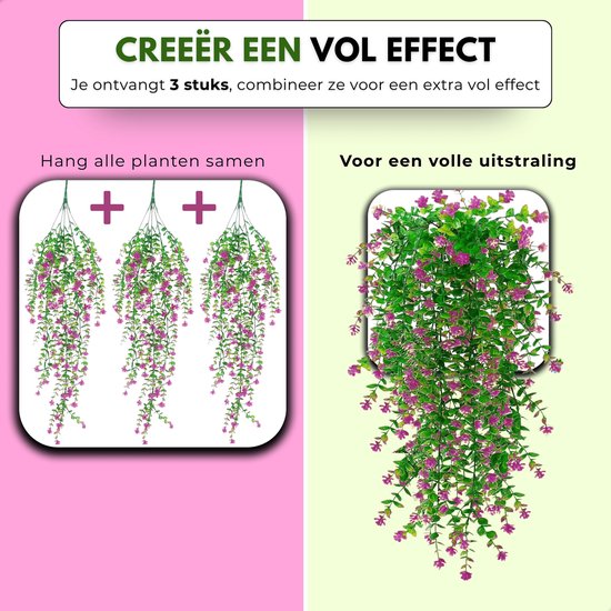 Twee voorbeelden van het creëren van een vol effect met de hangplanten met roze bloemen en groene bladeren.